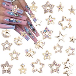 24Pcs Styles Star Nail Charms 3D Alloy Gold Star Nails Art Charms Nail Rhinestones Nail Gems Design Bling Pentagram Nail Crystal Nail Supplies for Women Girls Nail Crafts Jewelry Manicure Decoration