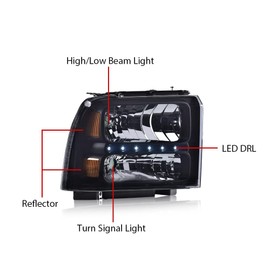 G-PLUS LED DRL Headlights Point Style, Compatible with 2005 2006 2007 Ford F250 F350 F450 F550 Super Duty Headlamp Driver and Passenger Side, Smoky lens Black Housing Amber Reflector