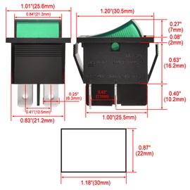 Heschen Rocker Switch ON-OFF DPST 4 Terminals Green Light 16A 125VAC, 16A 250 VAC with Waterproof Cover Pack of 2