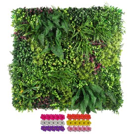 STURDON Artificial Grass Wall Panels 40"x40" 1 Piece, 3D Floral Grass Wall Backdrop, for Indoor, Patio Bedroom Balcony, Faux Ivy Privacy Fence Screen, DIY 60 PCS Violet Flower,100 PCS Cable Ties