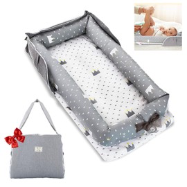 Vervebaby Baby Lounger for Newborn- Infant Lounger for Home and Travel, Portable Newborn Lounger with Strap, Baby Nest Lounger Adjustable Size, Crown Grey