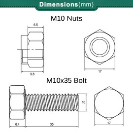 Drenky Nuts & Bolts Assortment, 10 Pcs M10 x 35mm Stainless Steel Hex Bolts and Lock Nuts Set for Machinery, Furniture, Car, Bike, Ship, 3D Printing