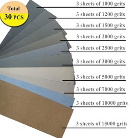 Rouswee 30 PCS #1000-#15000 9 x 3.6 inch Wet Dry Sandpaper Sanding Sheet 1000 1200 1500 2000 2500 3000 5000 7000 10000 15000 Grit for Automotive Wood Metal Polishing