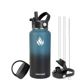 XACIOA Water Bottle Vacuum Insulated 32oz 40oz with Straw Lid,Stainless Steel Drink Flask with Flip Top Bottle Lid,Metal Wide Mouth Double Walled Leak Proof Keeps Hot Cold (Blue/Black, 32oz)