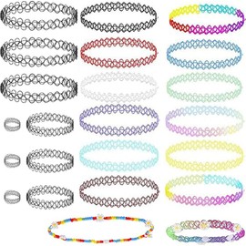 Aililong Tattoo Necklace Set with 23 Pieces Gothic Choker, Bracelets and Rings - 90s Accessories for Women and Girls