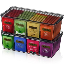 Lifewit Plastic Black Tea Bag Organizer, Divided Storage Bin Box with 8 Compartments, Holds Coffee Pods, Sugar Packets, Condiments, Snacks for Countertop, Cabinet, 2 Pack