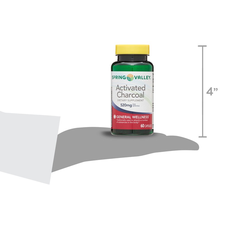 Spring Valley Activated Charcoal Capsules, Dietary Supplement, 520mg, 60 Count
