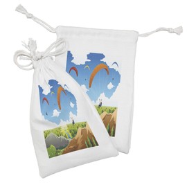 Lunarable Cartoon Fabric Pouch Set of 2, Parachute Landscape Mountain River Clouds Palm Trees Image Landscape, Small Drawstring Bag for Toiletries Masks and Favors, 9" x 6", Multicolor