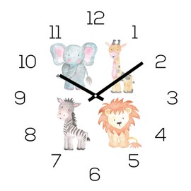 Wall Clock Zoo Animals 30 x 30 cm Glass Children's Clock Glass Picture Animal Motif Zoo Lion Elephant Wall Decoration Glass Clock Children's Room