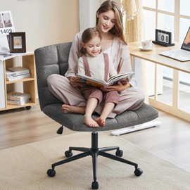 Furnimart Criss Cross Desk Char Wide Seat with Wheels, 360° Swivel Cross Legged Desk Chair Thick Cushion, Comfy Armless Home Office Chair for Bedroom, Vanity, Sturdy (Linen Gray)