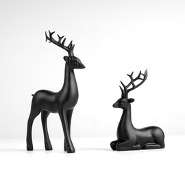 2 Pcs Christmas Reindeer Sculpture, Resin Deer Christmas Decoration, Matte Black Resin Elk Statues for Home Decor, Ideal for Living Room, Bedroom, Office, Bookshelf, and Desk Ornaments