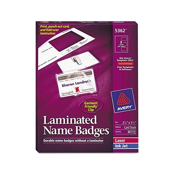 Avery Self-Laminating Name Badges, 2-1/4 x 3-1/2, Box of 30