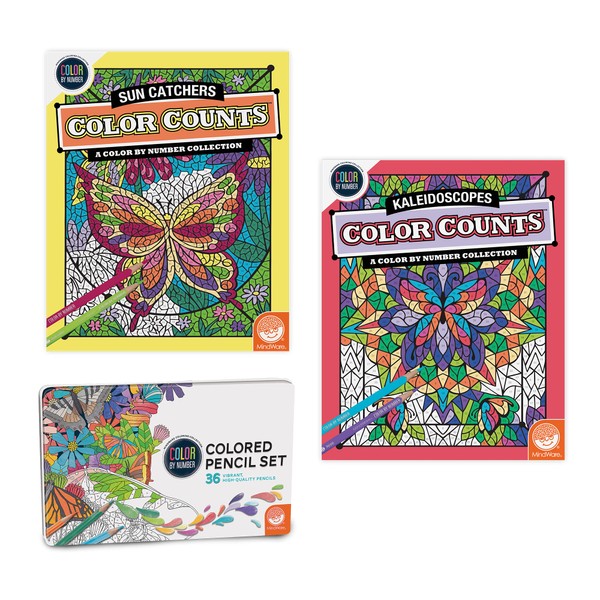 MindWare Color Counts Set of 2 Color by Number Books : Kaleidoscope & Sun Catchers - Includes Numbered Colored Pencils – Fun Art Projects & Kids Crafts – Ages 6 and Up