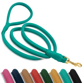 OOOPSDOGGY Reflective Rolled Leather Dog Leash 6ft - Soft Leather Dog Lead for Small Medium Large Dogs Puppy - Heavy Duty Rope Dog Leash for Outdoor Training Walking Running (Teal, Small)
