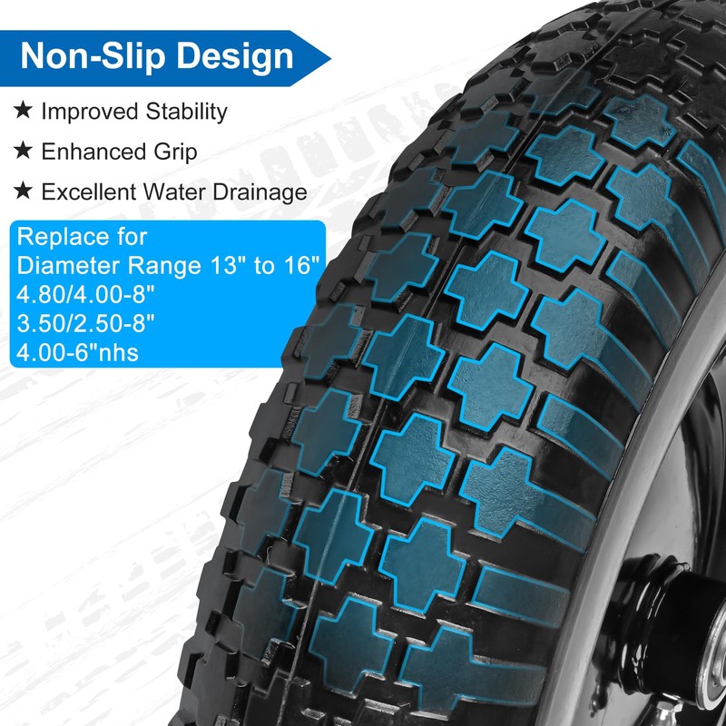 4.80/4.00-8" Flat Free Wheelbarrow Tire and Wheel, 14.5" Universal Fit
