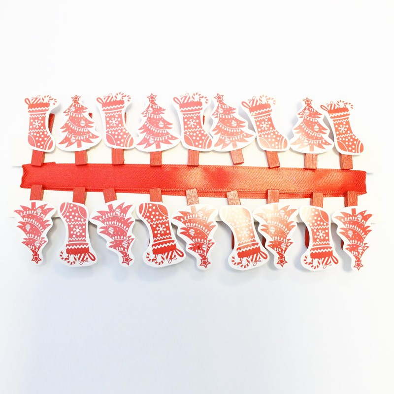 Christmas Card Holder 18 Novelty Pegs and Red Ribbon -