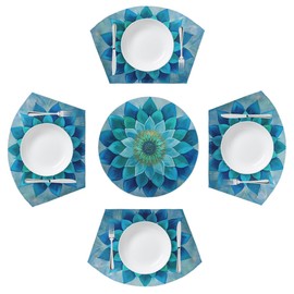 Wedge Placemats Set of 4, Turquoise Mandala Flower 4 Wedge Table mats and 1 Round Place mat Heat Resistant Non-Slip Washable Dining Table Mat for Kitchen Party Holiday Decor Cloth Placemat