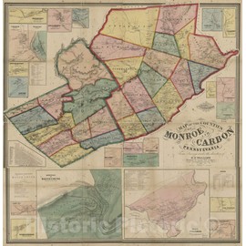 Historic 1860 Wall Map - Map of The Counties of Monroe and Carbon, Pennsylvania 16in x 16in