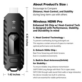 Wireless HDMI PRO- Transmitter and Receiver, Portable Extender Kit, Plug and Play, Enhanced 5G Chip w/Heat-Control, 165FT/50M 5.8G/2.4G @60Hz, Stream Video/PPT Wirelessly from Laptop to HDTV/Monitor