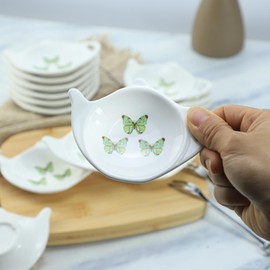 Bicuzat Green Butterfly Pattern Tea Bag Holder Tea Porcelain Accessories Teapot Shaped Tea Bag Coaster Resting Caddy Saucer 4 Inch/10cm-3 Butterfly-Set of 10