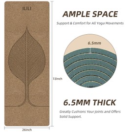 ILILI Eco-Friendly Cork Yoga Mat 1/4 inch Thick, 72''L*26''W, Non Slip Lightweight Cork and TPE Soft Exercise & Fitness Mat, Ideal for All Types of Yoga, Home, Gym & Studio Workouts (Dark Green)