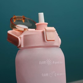2000ML Time Scale Water Bottle, Outdoor Large Capacity Water Bottle with Flip Top Lid And Straw Strainer., Pink&blue