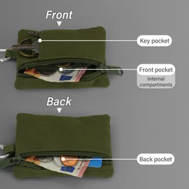 AdiStylinno Mini Wallet for Men and Women, Canvas Coin Purse, Nylon Tactical Small Purse with Zip, Mini Change Purse with Key Ring and Carabiner, Green, Minimalist