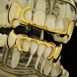 14k Gold Plated Fang Grillz Set 4-Open Curved Vampire Grill Pre Made Fangs Teeth Grills