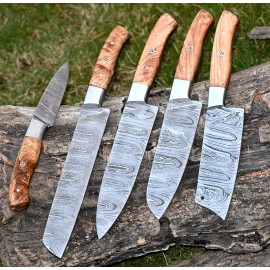 Damascus Chef Knife Set Custom Made Kitchen Knives - Forged Damascus Steel M 132