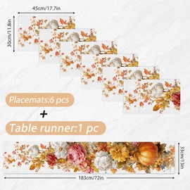 ANNA QUEEN Vintage Fall Floral Table Runner and Placemats Set of 6, 13"x72" Runner with 12"x18" Placemats, Rustic Peony and Garden Flowers Thanksgiving Dining Decor
