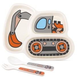 Kids Plate Set, Included Plate Fork and Spoon 3-Piece Set - Toddler Plates Dinnerware Dinner Dish Set Baby Feeding Divided Plate - Child Portion Control Dish Tray (Excavator Style 2)