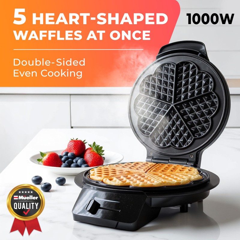 Mueller Heart 5 Waffle Maker, Norwegian Waffle Iron, Adjustable Browning
