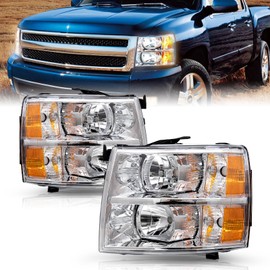 TUSDAR Fits for 2007-2013 Chevy Silverado 1500/2007-2014 Silverado 2500 3500 HD Headlight Assembly Pair Set No Fogging OE Style Factory Replacement Chrome Housing & Amber Reflector