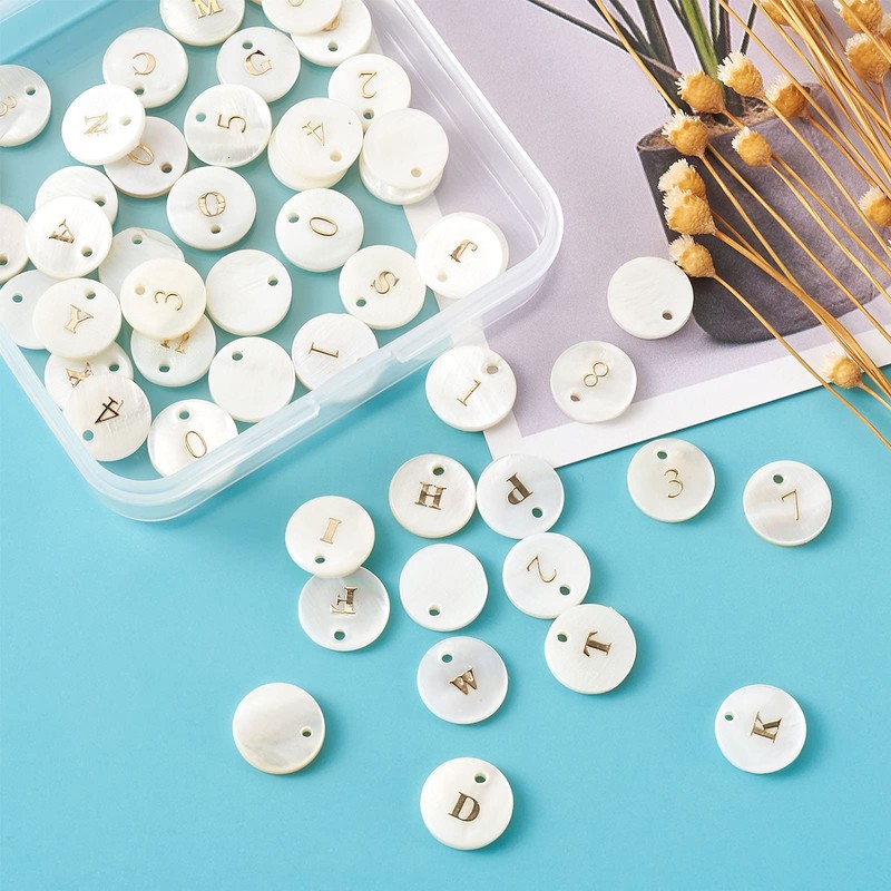 Craftdady 92pcs Freshwater Shell Alphabet Pendants Flat Round White Shell
