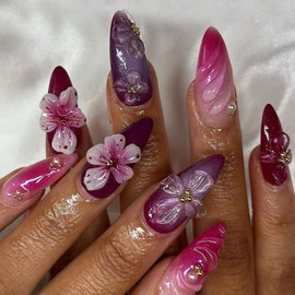 3D Flower Press on Nails Medium Almond Fake Nails Water Ripple Pearl Design Stick on Nails Gold False Nails Pink Gradient Full Cover Acrylic Glue on Nail for Women Nail Art Decoration 24Pcs