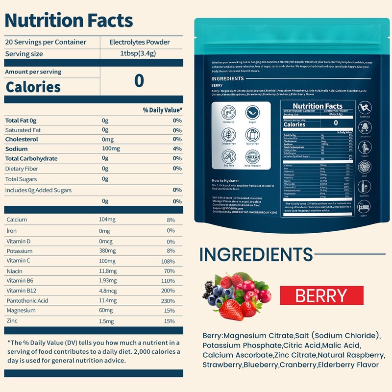 Sooergy Electrolytes Powder Packets Sugar Free Hydration Packets, Liquid Daily