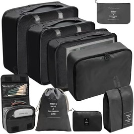 Packing Cubes for Suitcases, 9 Set Compression Storage Travel Luggage Organizers with Toiletry Bag, Shoe Bag & Electronics Bag - Luggage Organizers Suitcase Travel Accessories (Black)