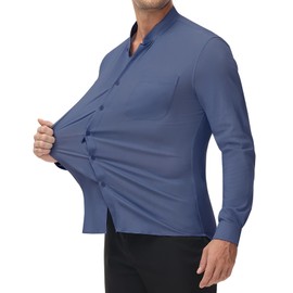 DEMEANOR Stretch Mens Dress Shirts Band Collar Dress Shirts for Men Button Down Long Sleeve Shirts Casual Muscle Fit Big Blue