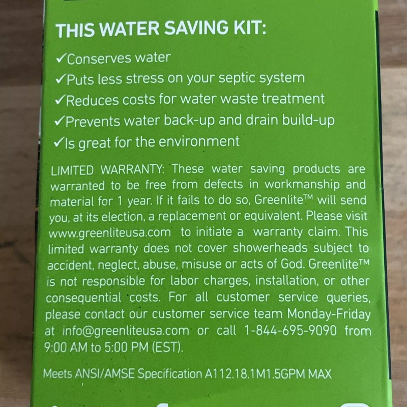 Greenlite Water Saving Kit -1.5GPM Fixed Showerhead and Aerators NEW