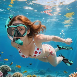 Mask Fin Snorkel Set, Travel Size Snorkeling Gear for Adults with Panoramic View Anti-Fog Mask, Fins, Dry Top Snorkel for Swimming Training, Snorkeling Kit Diving Packages (Green, L/XL)