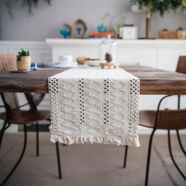 Boho Table Runner, Beige Linen Table Runner, Washable Vintage Macrame Table Runner with Tassels for Country House Style, Wedding, Birthday, Festive, Home, Kitchen, Coffee Table Decoration (Style 4, 30