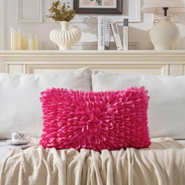 Hot Pink Luxury Soft Flower Petal Decorative Cushion Cover，Fluffy Chiffon Velvet Throw Pillow Cover for Couch Sofa and Bed，Living Room Home Decor 30x50cm