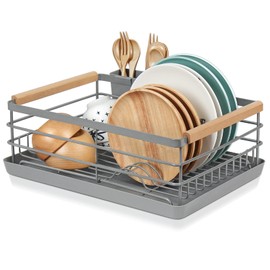 BRIAN & DANY Dish Drying Rack, Dish Racks for Kitchen Counter, Stainless Steel Dish Drainer with Removable Cutlery Holder & Drainboard, Grey
