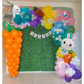 Easter Day Party Balloons Arch and Garland, Bunny and Carrot Foil Balloons Easter Color Blue Pink Yellow Green Orrange Balloons for Easter Day Party Supplies