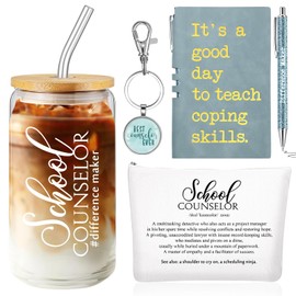 Sunnychic 5 Pcs School Counselor Appreciation Gifts 16oz Glass Cup Makeup Bag Leather Notebook Pen Keychain Back to School Gift for Mental Health Teacher Educator Psychologist Therapist(Blue)