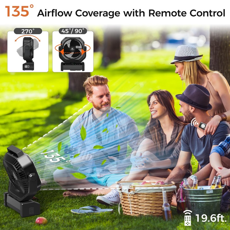 Camping Fan with Light - 20000mAh Rechargeable Battery Fan, 112Hrs