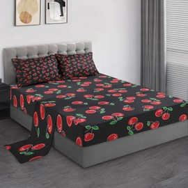 Pamnest Full Size Bed Sheet Sets, Red Black Cherry Fruit Soft Microfiber 4 Pcs Bedding Sets for Kids and Adults Bedroom Bed Decor, Retro Leaf Summer Flat, Fitted Sheet and 2 Pillowcases