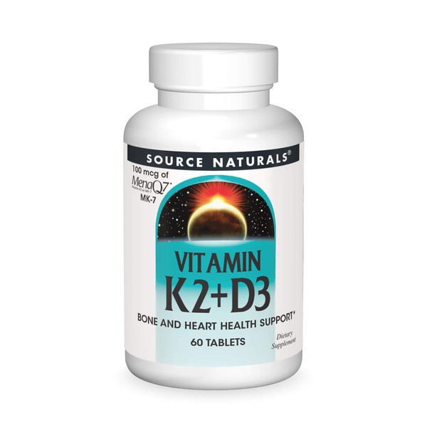 Source Naturals Vitamin K2 + D3 Bone & Heart Health Complex - 400 IU Vitamin D3 & 100 mcg Vitamin K2 (MK-7) with Calcium - 60 Tablets