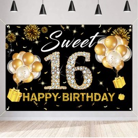 Happy 16th Birthday Backdrop Banner for Girl Sweet 16 Fabric Sign Poster Party Decoration, Black and Gold Photography Background 16th Birthday Party Supplies, 150x90cm