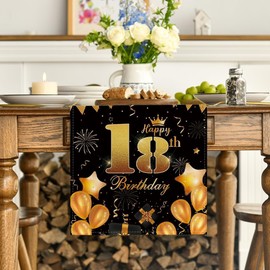 Artoid Mode 18th Birthday Black Gold Happy 18th Birthday Table Runner Celebration Decoration Kitchen Table Outdoor Indoor Holiday Party Decor 40 x 140 cm